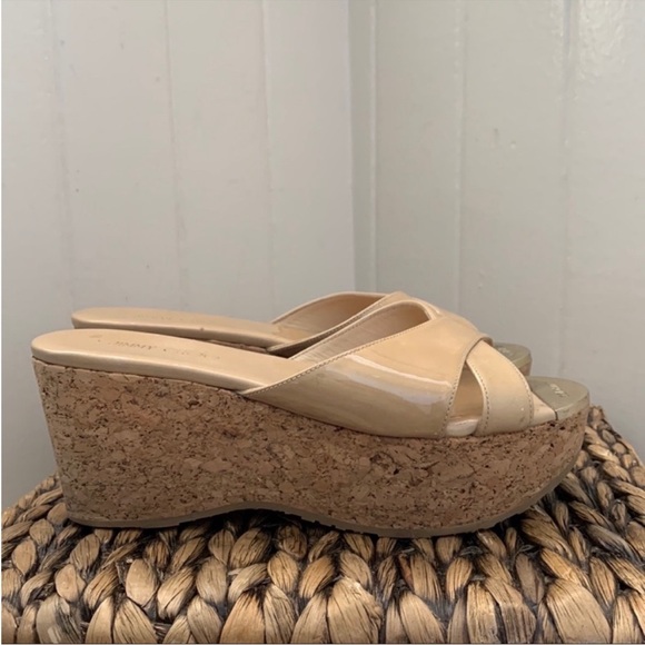 Jimmy Choo Prima Patent Leather Cork Wedge Sandal in Nude - Picture 2 of 15